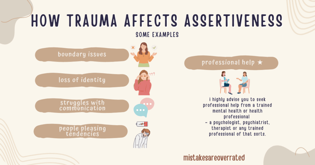 how trauma affects assertiveness:
boundary issues,
loss of identity,
struggles with communication,
people pleasing tendencies,
professional help