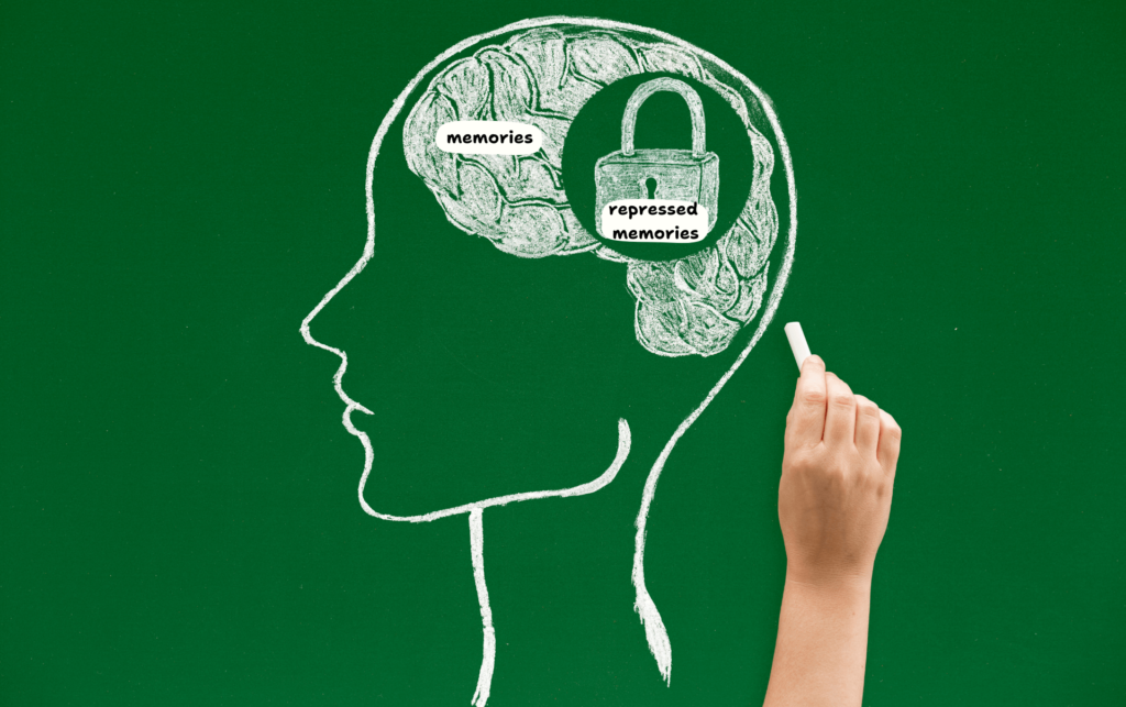 chalk drawing of memories in brain and repressed memories in a lock