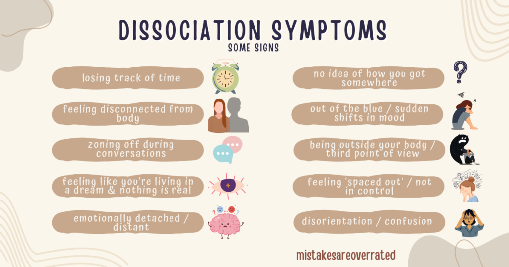 dissociation symptoms.
some signs.
losing track of time,
feeling disconnected from body,
zoning off during conversations,
feeling like you're living in a dream and nothing is real,
emotionally detached or distant,
no idea of how yo got somewhere,
out of the blue or sudden shifts in mood,
being outside your body or looking at yourself from a third point of view,
feeling 'spaced out' or not in control,
disorientation or confusion.