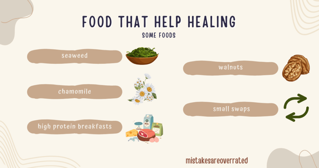 food that help healing,
some food.
seaweed,
chamomile,
high protein breakfasts,
walnuts,
small swaps
