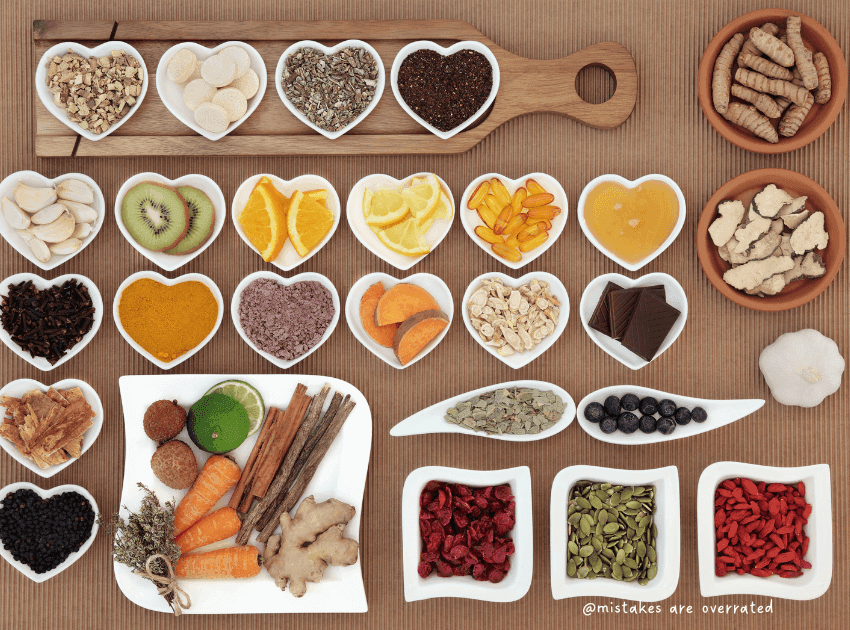 healthy healing foods on a table in bowls