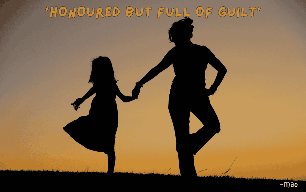 poem title 'honoured but full of guilt' written over a photo of a mother and daughter holding hands at sunset