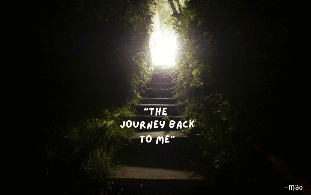 dark stairwell with stairs leading to the light, depicting a healing journey. poem title "the journey back to me" on the steps.