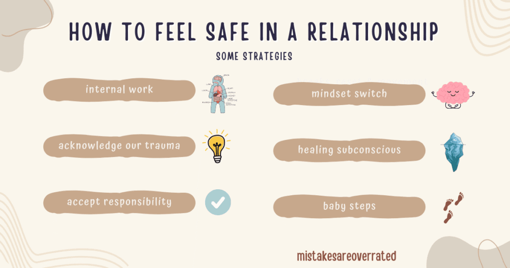how to feel safe in a relationship
some strategies.
internal work,
acknowledge our trauma,
accept responsibility,
mindset switch,
healing subconscious,
baby steps
