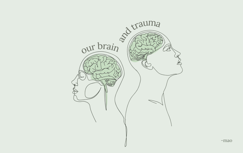drawing of 2 people with coloured brains, 'our brain and trauma' in bold text